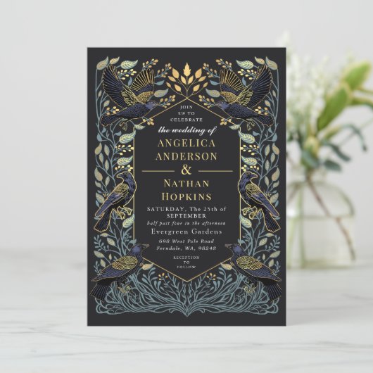 Gothic Raven Floral Wedding Kaart (Staand voorkant)