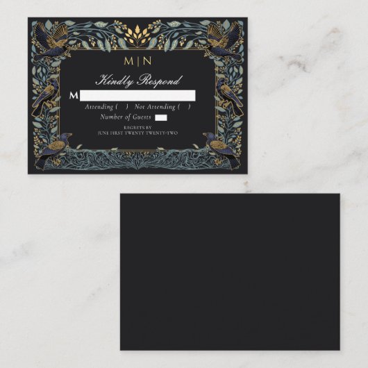 Gothic Raven Floral Wedding RSVP Informatiekaartje (Voorkant / Achterkant)