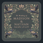 Gothic Raven Floral Wedding Vierkante Sticker<br><div class="desc">Elegant,  grillig en gotisch huwelijksontwerp perfect voor een betoverd feest met een bosthema of een humeurige en donkere gotische affaire. Dit ontwerp is voorzien van raven in een lijst van salie groene doornen,  bessen,  groen en roos gouden accenten. Overeenkomende items in onze winkel voor een compleet feestthema.</div>