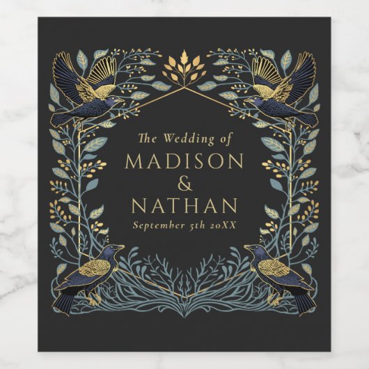 Gothic Raven Floral Wedding Wijn Etiket (Enkel label)