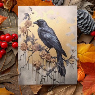 Gothic Raven Gold Rozen Waterverf Briefkaart