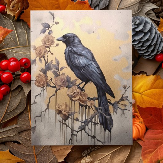  Gothic Raven Gold Rozen Waterverf Briefkaart