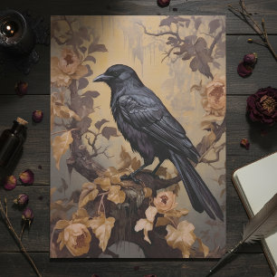 Gothic Raven in een Roos Struik Goud Tissuepapier