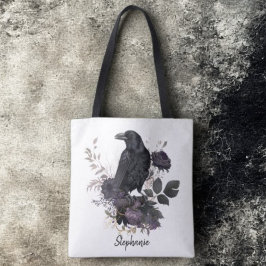 Gothic Raven & Midnight Blooms Tote Bag