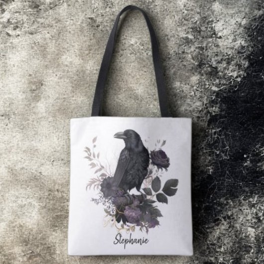 Gothic Raven & Midnight Blooms Tote Bag
