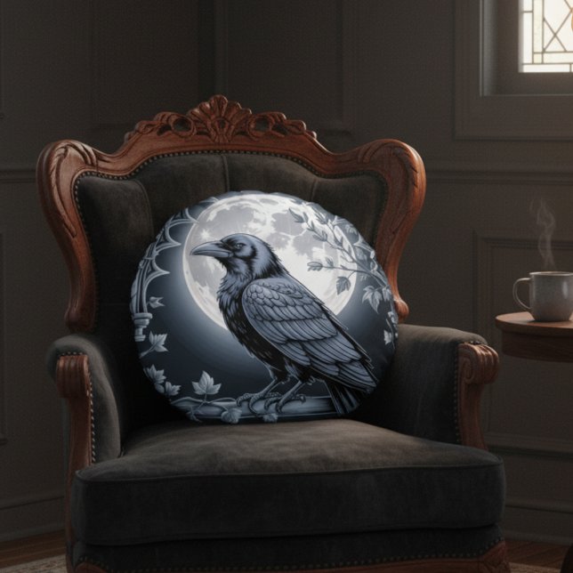 Gothic Raven Moon Dark Academia Home Decor Rond Kussen (Black raven throw pillow)