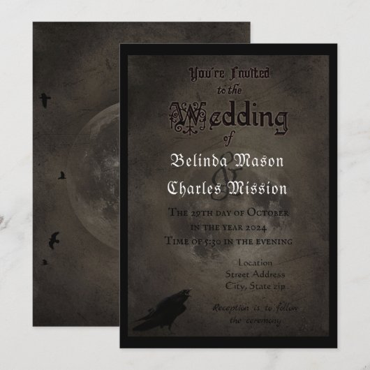 Gothic Raven & Moon Huwelijksuitnodiging Kaart (Voorkant / Achterkant)