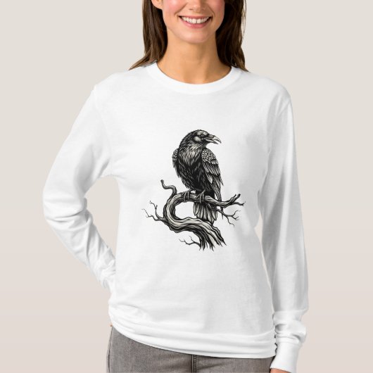 Gothic Raven op Tree Branch - Donkere Halloween T-shirt (Voorkant)