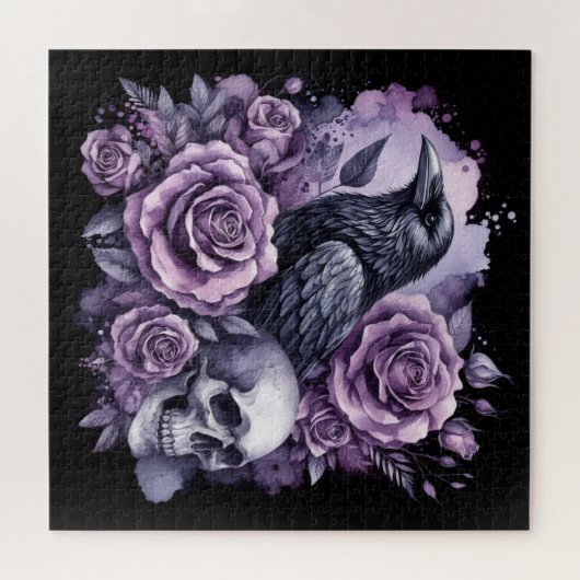 Gothic Raven Paarse Rozen Schedel Legpuzzel (Horizontaal)