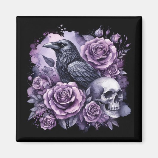 Gothic Raven Paarse Rozen Schedel Magneet (Voorkant)