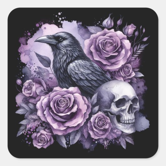 Gothic Raven Paarse Rozen Schedel Vierkante Sticker (Voorkant)