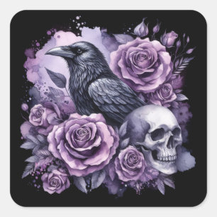 Gothic Raven Paarse Rozen Schedel Vierkante Sticker