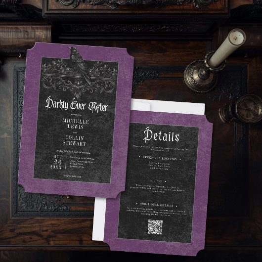 Gothic Raven Purple Darkly Ever After Wedding Kaart