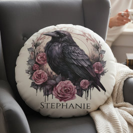 Gothic Raven & Roses – Personalized Cozy Mystical Rond Kussen