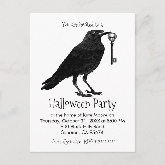 Gothic Raven Skelet Key Halloween Party Uitnodiging Briefkaart (Voorkant)