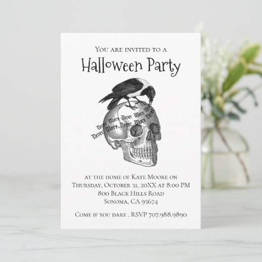 Gothic Raven Skull Halloween Invitation Kaart (Staand voorkant)