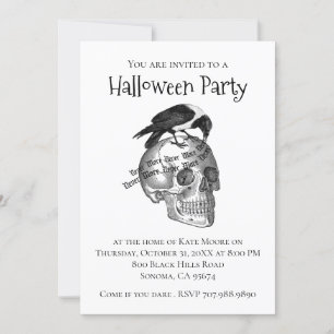 Gothic Raven Skull Halloween Invitation Kaart