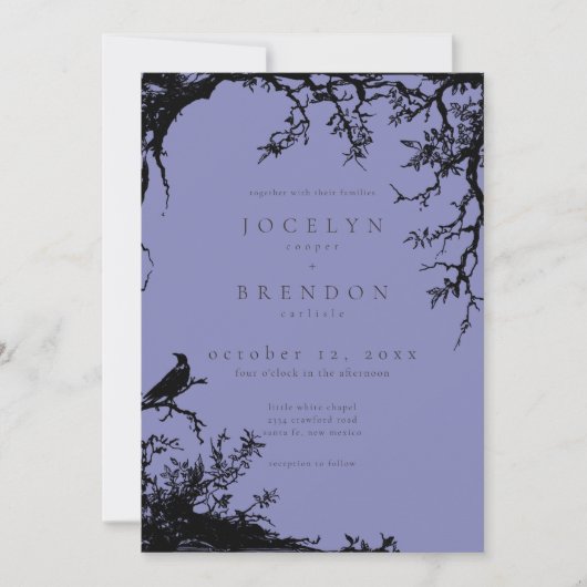 Gothic Raven Tree Engraving Black Blue Wedding Kaart (Voorkant)