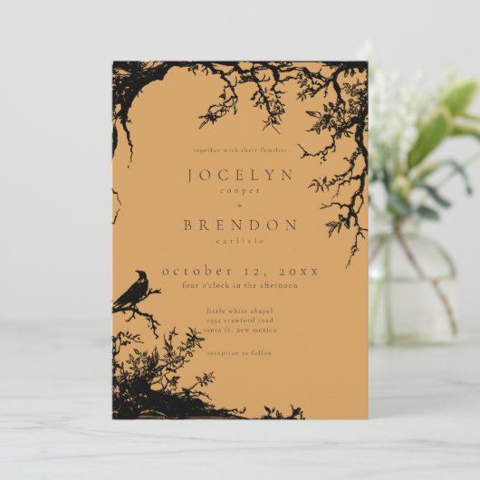 Gothic Raven Tree Engraving Black Orange Wedding Kaart (Staand voorkant)