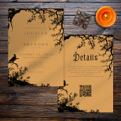 Gothic Raven Tree Engraving Black Orange Wedding Kaart