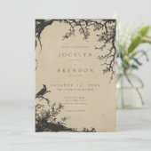Gothic Raven Tree Engraving Black Tan Wedding Kaart (Staand voorkant)