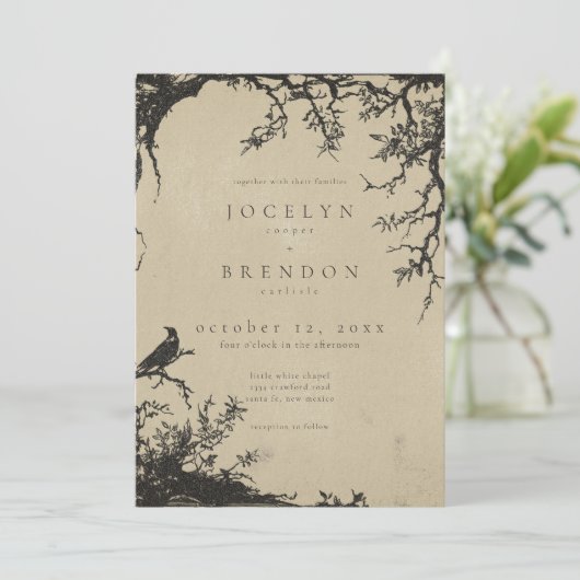 Gothic Raven Tree Engraving Black Tan Wedding Kaart (Staand voorkant)