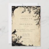 Gothic Raven Tree Gravure Parchment Tane Trouw Kaart (Voorkant)