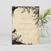 Gothic Raven Tree Gravure Parchment Tane Trouw Kaart (Staand voorkant)