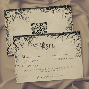 Gothic Raven Tree Gravure Zwart Tan Trouw QR RSVP Kaartje