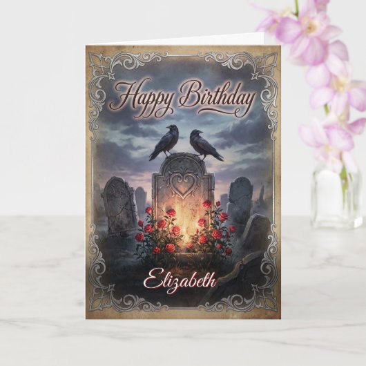 Gothic Raven's Requiem: Twilitght Birthday Wishes Kaart (Orchidee)