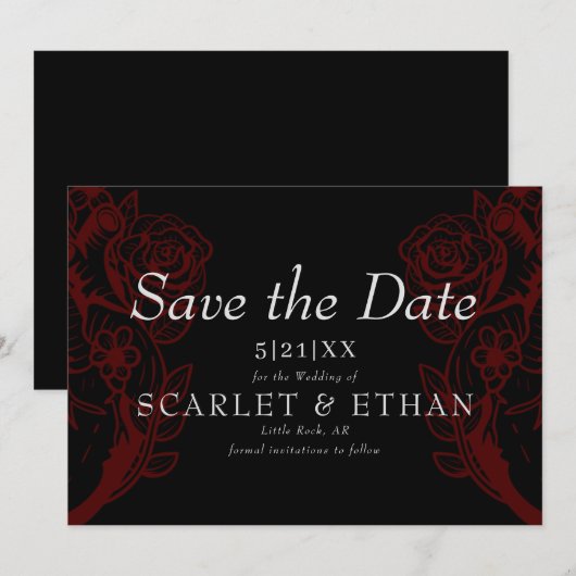 Gothic Red & Black Floral Heart Modern Wedding Sav Save The Date (Voorkant / Achterkant)
