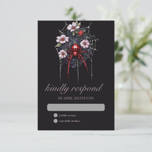Gothic Red & Black Floral Spider Web Handfasting RSVP Kaartje (Staand voorkant)