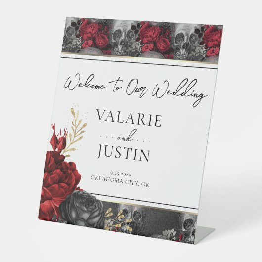 Gothic Red Black Floral Welcome Wedding Reclamebord Met Voetstuk (Voorkant)