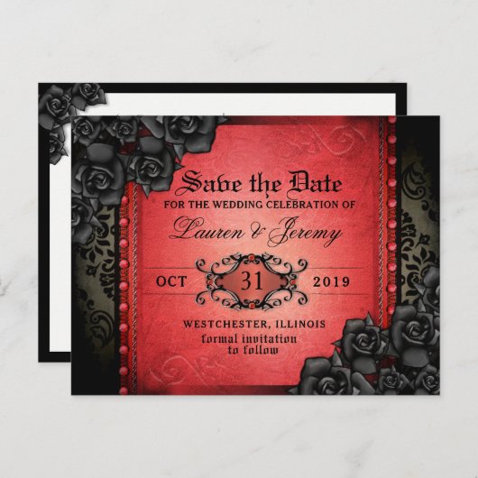 Gothic Red & Black Halloween Save Date Briefkaart (Voorkant / Achterkant)