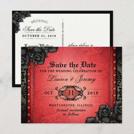 Gothic Red & Black Halloween Save Date Briefkaart (Voorkant / Achterkant)