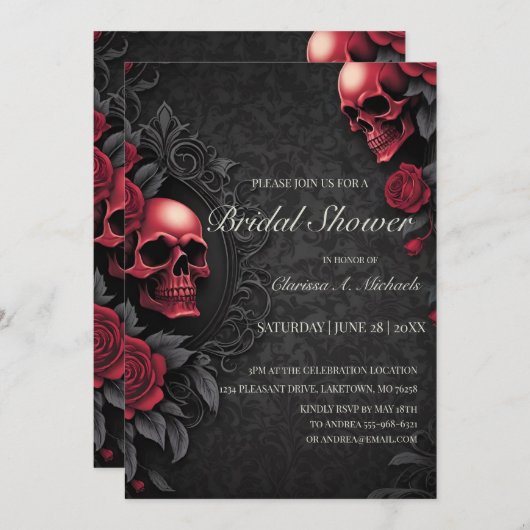 Gothic Red & Black Skull & Rose Bridal Shower Kaart (Voorkant / Achterkant)
