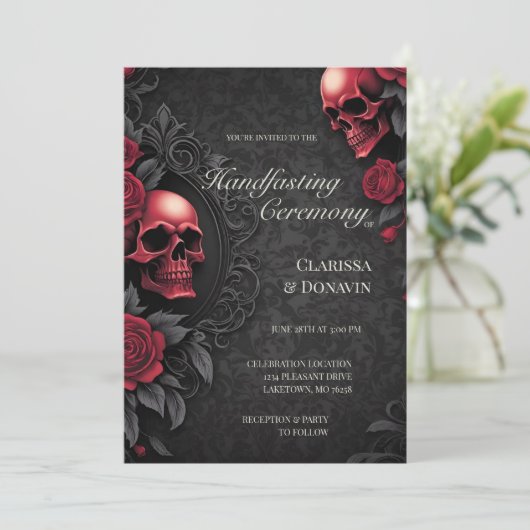 Gothic Red & Black Skull & Rose Damask Handfasting Kaart (Staand voorkant)