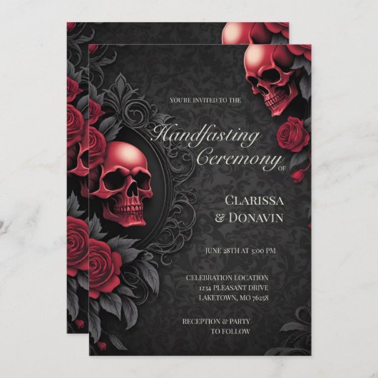 Gothic Red & Black Skull & Rose Damask Handfasting Kaart (Voorkant / Achterkant)