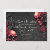 Gothic Red & Black Skull & Rose Damask Handfasting Save The Date (Voorkant)