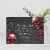 Gothic Red & Black Skull & Rose Damask Handfasting Save The Date (Staand voorkant)