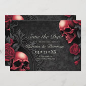 Gothic Red & Black Skull & Rose Damask Handfasting Save The Date (Voorkant / Achterkant)