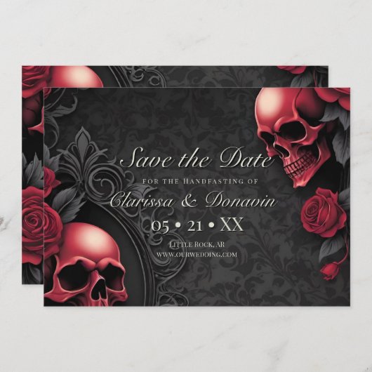 Gothic Red & Black Skull & Rose Damask Handfasting Save The Date (Voorkant / Achterkant)