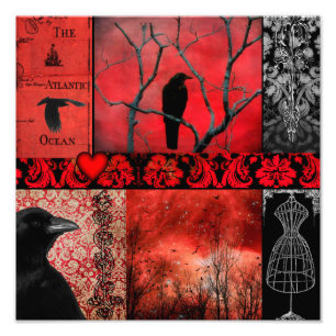 Gothic Red Crow Collage Foto Afdruk