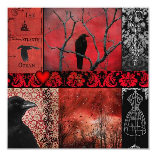 Gothic Red Crow Collage Foto Afdruk (Voorkant)