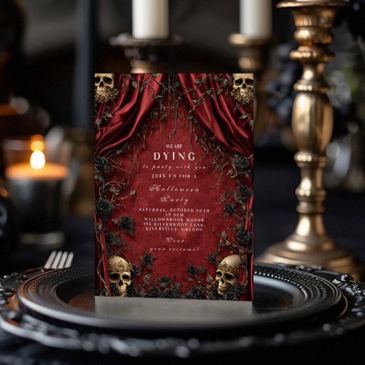 Gothic Red Curtain Skull Halloween Soirée Kaart