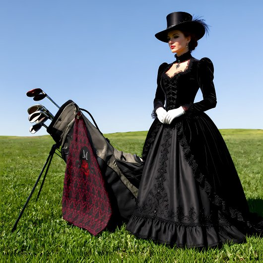 Gothic Red Damask Rose Monogram Golfhanddoek