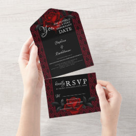 Gothic Red Damask Rose Wedding All In One Uitnodiging