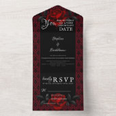 Gothic Red Damask Rose Wedding All In One Uitnodiging (Binnen)