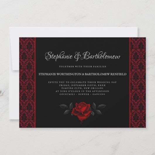 Gothic Red Damask Rose Wedding Invitation Kaart (Voorkant)