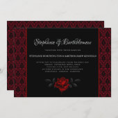 Gothic Red Damask Rose Wedding Invitation Kaart (Voorkant / Achterkant)